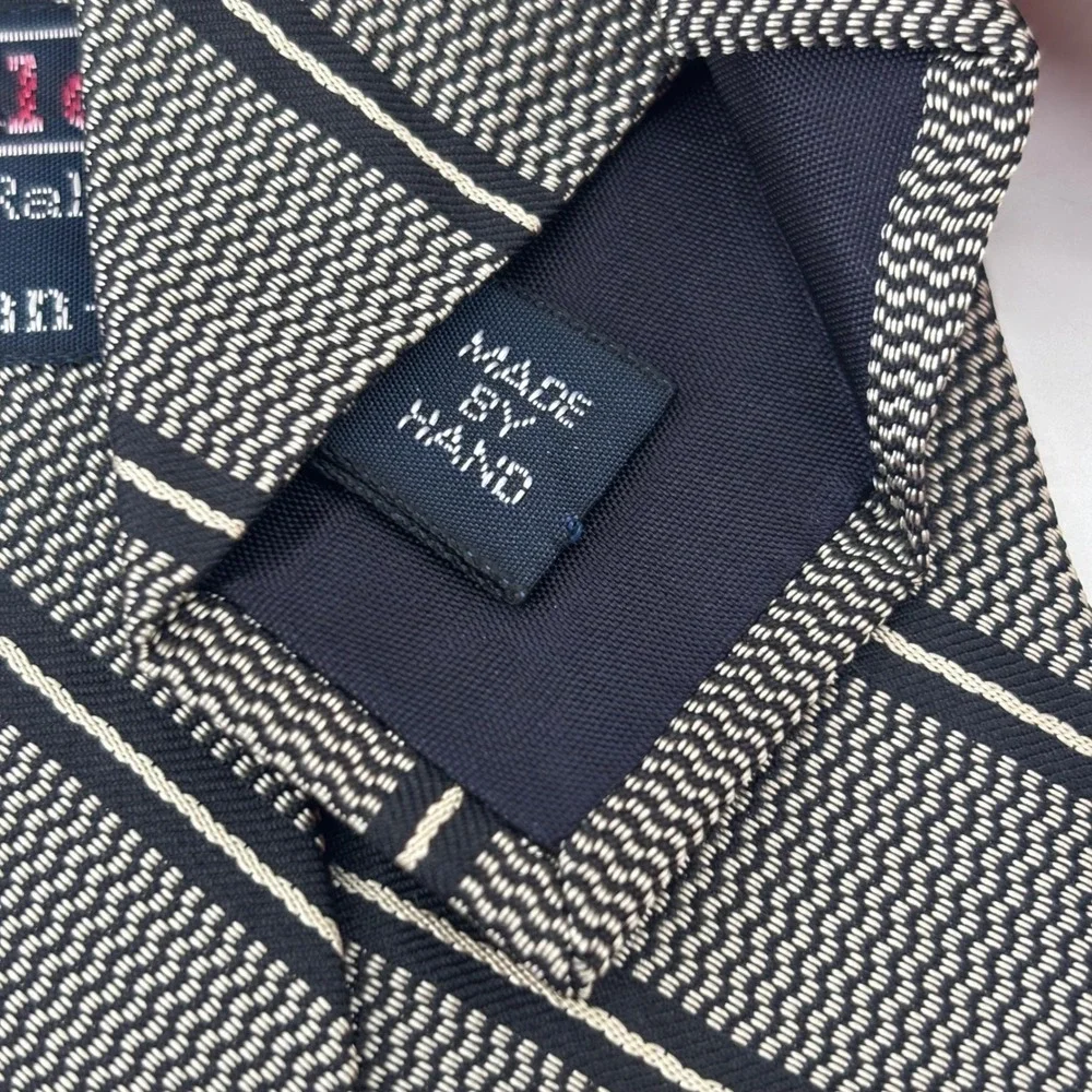 Polo Ralph Lauren Tie Mens OS Navy Blue Striped Silk Neiman Marcus USA Handmade
